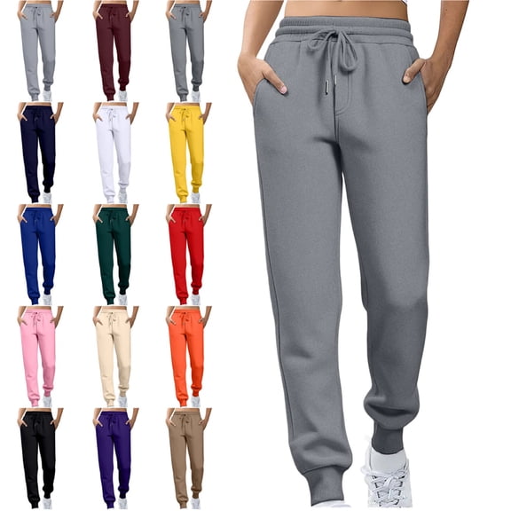 Women's Fleece Lined Joggers with Pockets High Waisted Straight Leg Sweatpants Winter Warm Lounge Jogging Pants Dark Gray L