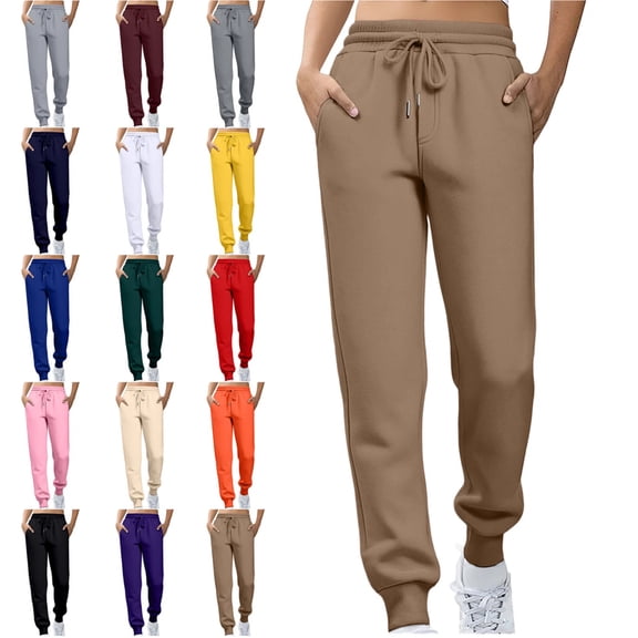 Women's Fleece Lined Joggers with Pockets High Waisted Straight Leg Sweatpants Winter Warm Lounge Jogging Pants Khaki L
