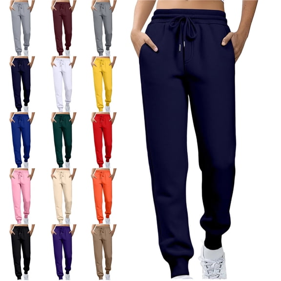 Women's Fleece Lined Joggers with Pockets High Waisted Straight Leg Sweatpants Winter Warm Lounge Jogging Pants Navy M