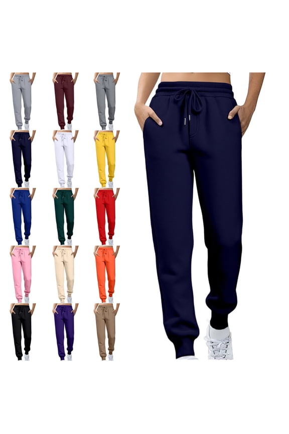 Women's Fleece Lined Joggers with Pockets High Waisted Straight Leg Sweatpants Winter Warm Lounge Jogging Pants Navy M