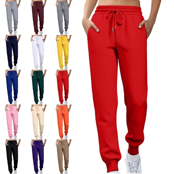 Women's Fleece Lined Joggers with Pockets High Waisted Straight Leg Sweatpants Winter Warm Lounge Jogging Pants Red S