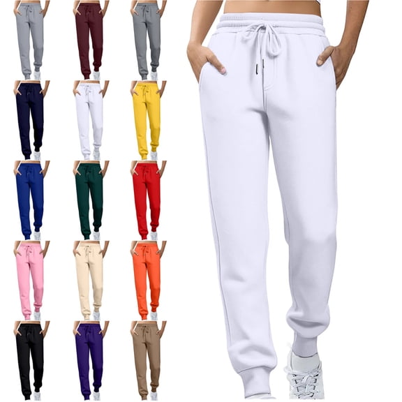 Women's Fleece Lined Joggers with Pockets High Waisted Straight Leg Sweatpants Winter Warm Lounge Jogging Pants White XXL