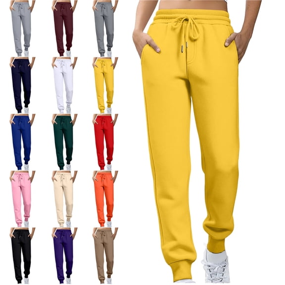 Women's Fleece Lined Joggers with Pockets High Waisted Straight Leg Sweatpants Winter Warm Lounge Jogging Pants Yellow S