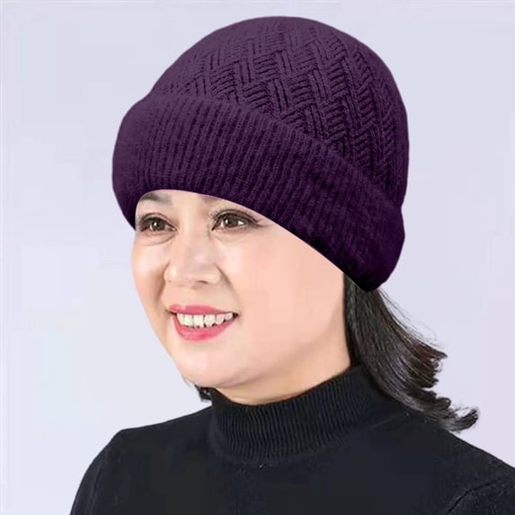 Women's Fleece Lined Knit Beanie, Thickened Warm Winter Hat for Cold Weather Protection, Cozy and Soft for Daily Wear, Skiing, and Outdoor Activities-Purple