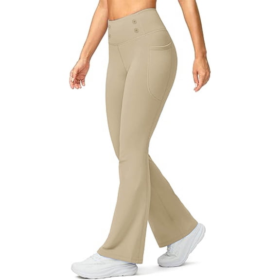 Women's Fleece Lined Leggings High Waist Bootcut Yoga Pants with Pockets Winter Thermal Warm Soft Flare Lounge Tights Khaki M