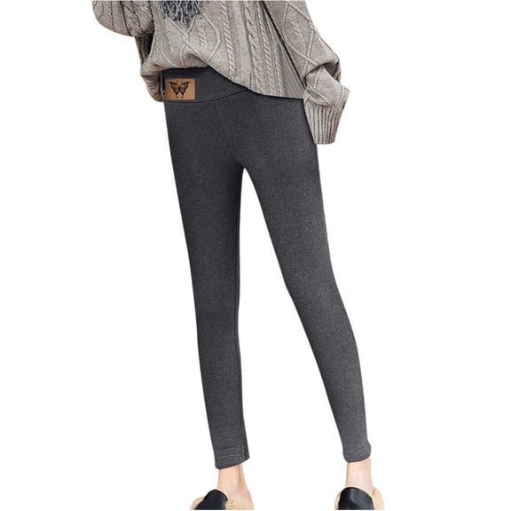 Women's Fleece Lined Leggings High Waist Stretchy Solid Tight Pants Gray 2XS