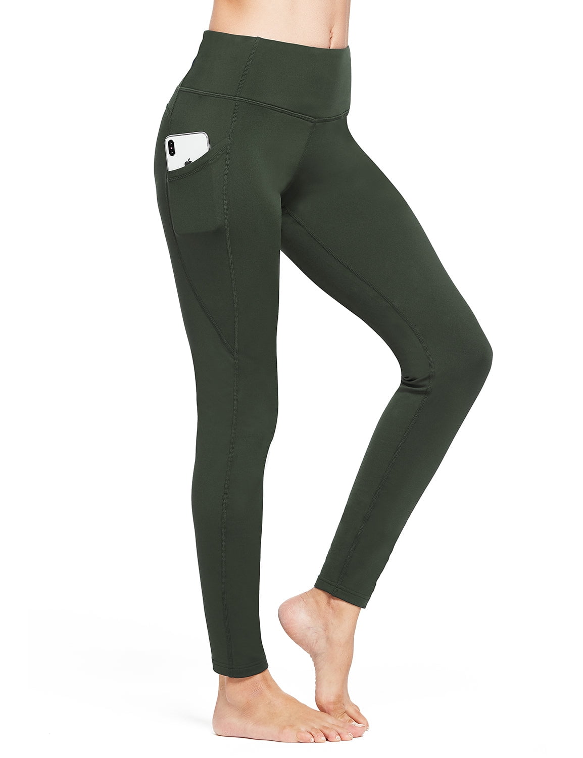 Women's Fleece Lined Leggings Winter Thick Warm Thermal High Waisted Pocketed Pants Army Green XXL