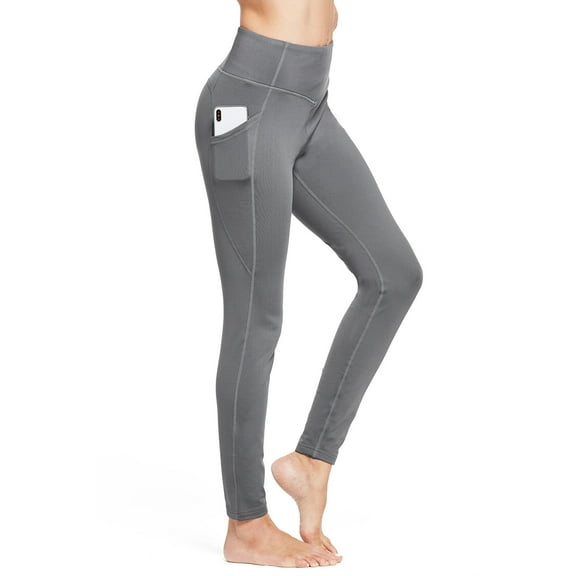 Women's Fleece Lined Leggings Winter Thick Warm Thermal High Waisted Pocketed Pants Grey XXL