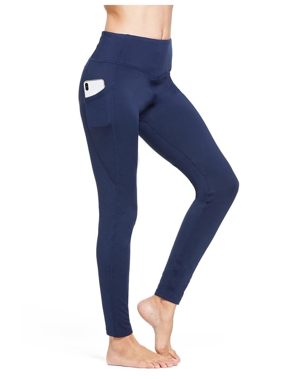 Women's Fleece Lined Leggings Winter Thick Warm Thermal High Waisted Pocketed Pants Navy Blue M