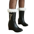 thumbnail image 1 of Women's Fleece Lined Mid Calf Snow Boots Rhinestone Comfortable Furry Plush Warm Waterproof Slip On Wedge Winter Booties Black Size 10.5, 1 of 6