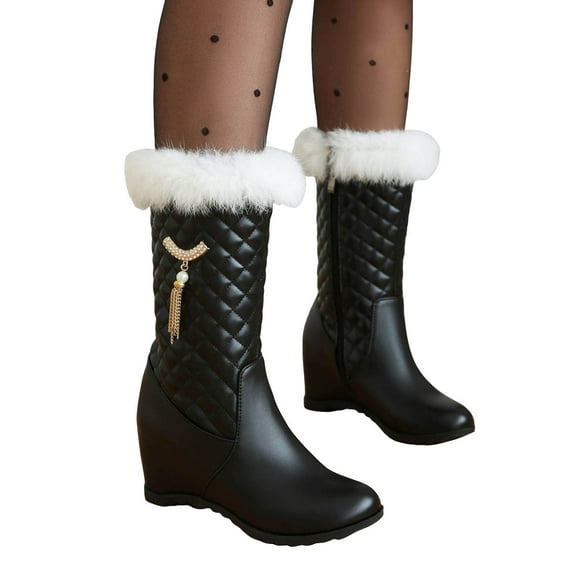 Women's Fleece Lined Mid Calf Snow Boots Rhinestone Comfortable Furry Plush Warm Waterproof Slip On Wedge Winter Booties Black Size 10.5