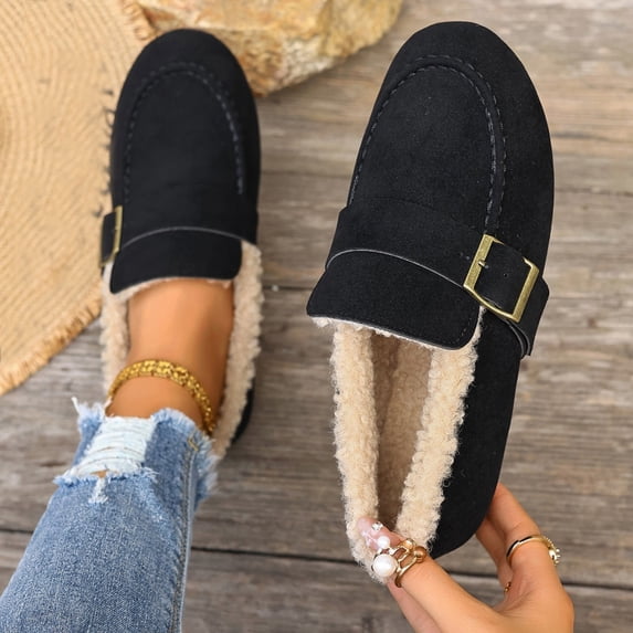 Women’s Fleece Lined Moccasin Loafers, Faux Suede Adjustable Buckle Slip On Flats, Warm Winter Casual Walking Shoes