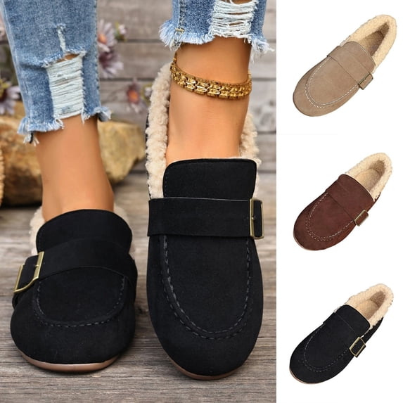 Women’s Fleece Lined Moccasin Loafers, Faux Suede Adjustable Buckle Slip On Flats, Warm Winter Casual Walking Shoes