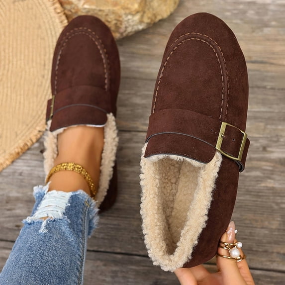 Women’s Fleece Lined Moccasin Loafers, Faux Suede Adjustable Buckle Slip On Flats, Warm Winter Casual Walking Shoes