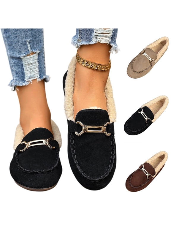 Women's Fleece Lined Moccasins Loafers Slip On Flats Solid Faux Suede Winter Warm Flat Slip On Shoes Metal Buckle Comfortable Walking Shoes Indoor Outdoor