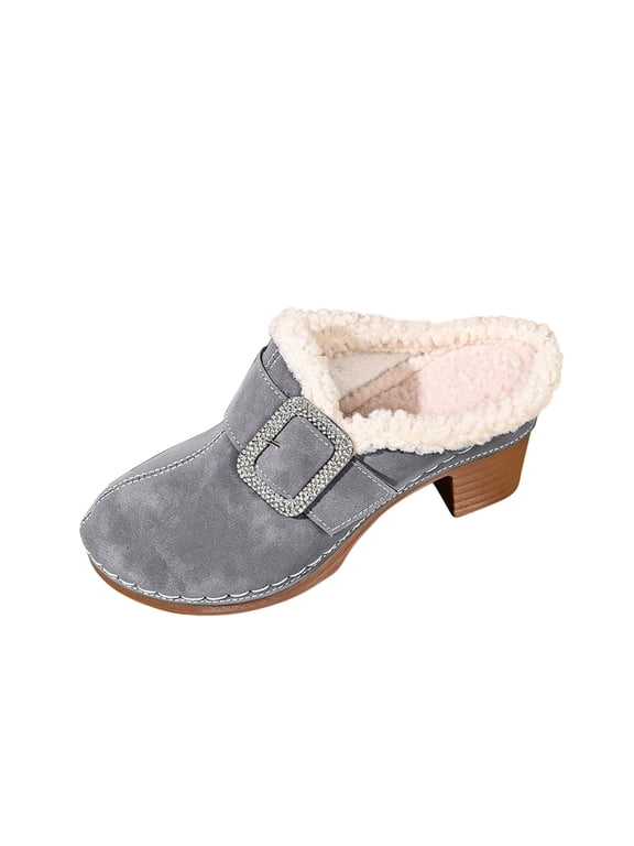 Women's Fleece Lined Mule Clogs Closed Toe Chunky Block Heel Slip On Slippers Solid Faux Suede Winter Warm Rhinestone Buckle Indoor Outdoor