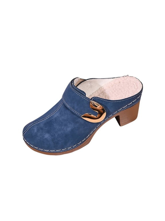 Women's Fleece Lined Mule Clogs Closed Toe Chunky Block Heel Slippers Solid PU Winter Warm Slip-On Shoes with Unique Curved Metal Buckle for Indoor Outdoor