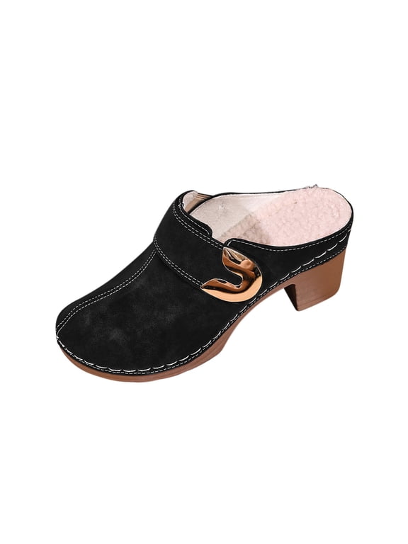 Women's Fleece Lined Mule Clogs Closed Toe Chunky Block Heel Slippers Solid PU Winter Warm Slip-On Shoes with Unique Curved Metal Buckle for Indoor Outdoor