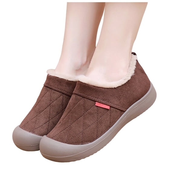 Women's Fleece Lined Non Slip Walking Shoes Lightweight Suede Running Shoes Winter Warm Slip On Sneakers Brown Size 7.5