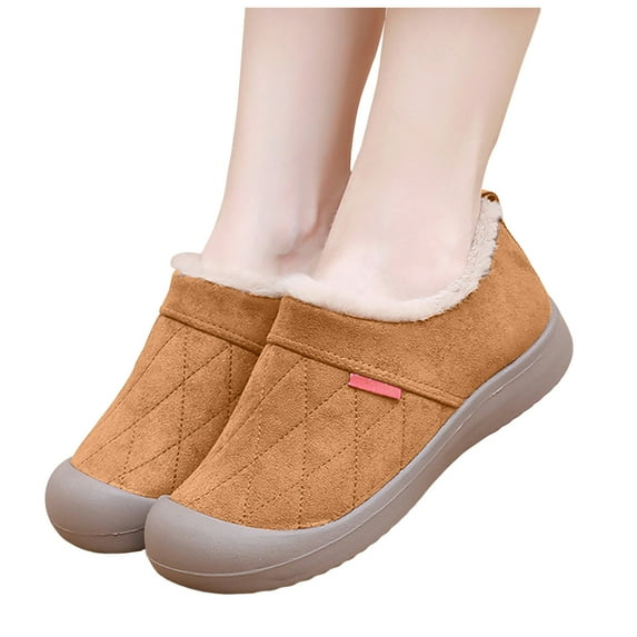 Women's Fleece Lined Non Slip Walking Shoes Lightweight Suede Running Shoes Winter Warm Slip On Sneakers Brown Size 9