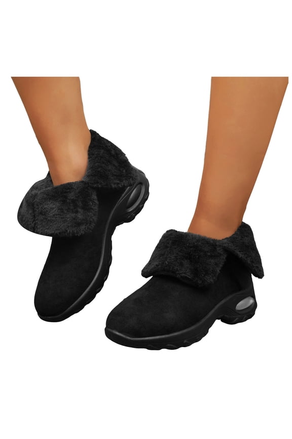 Women's Fleece Lined Orthopedic Ankle Boots Comfortable Slip On Fuzzy Fold Over Booties Leopard Print Casual Mid Calf Snow Boots Black Size 6