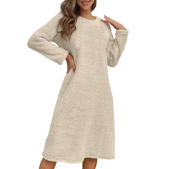 Women's Fleece Lined Pajamas Dress Long Sleeve Crewneck Solid Knee Length Pullover Homewear Beige S