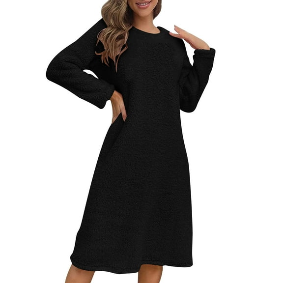 Women's Fleece Lined Pajamas Dress Long Sleeve Crewneck Solid Knee Length Pullover Homewear Black S