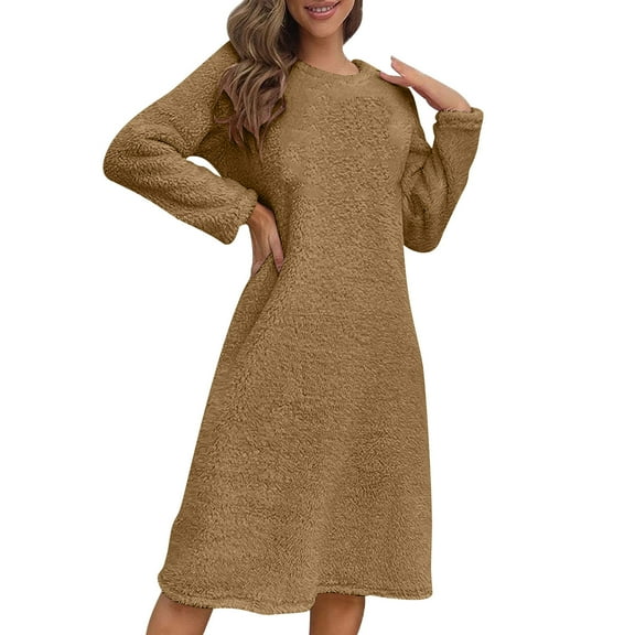 Women's Fleece Lined Pajamas Dress Long Sleeve Crewneck Solid Knee Length Pullover Homewear Khaki L