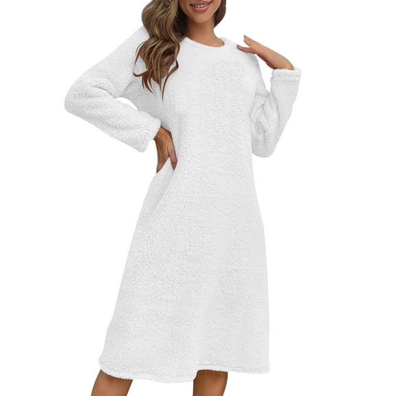 Women's Fleece Lined Pajamas Dress Long Sleeve Crewneck Solid Knee Length Pullover Homewear White L