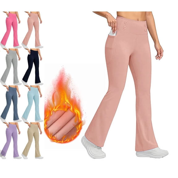 Women's Fleece Lined Pants High Waist Winter Thermal Warm Flare Leggings Hiking Yoga Pants Women with Pockets Pink L