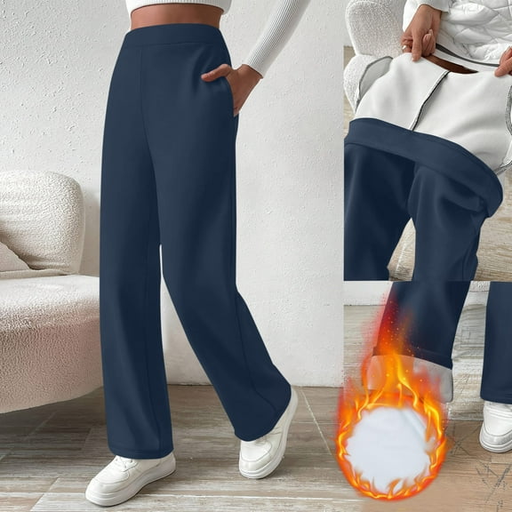 Women's Fleece Lined Pants Hight Waist Solid Wide Leg Pants Base Layer with Pockets Navy L