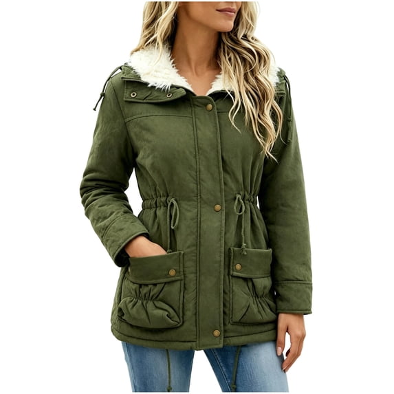 Women's Fleece Lined Parka Jacket Drawstring Waist Hooded Long Sleeve Button Zip Up Winter Thick Coat with Pockets Casual Warm Outerwear Army Green