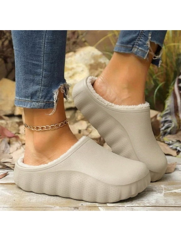 Women's Fleece Lined Platform Clogs Close Toe Waterproof Lightweight Non Slip Outdoor Indoor Slippers