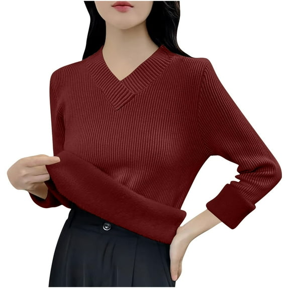 Women's Fleece Lined Pullover Tops Rib Long Sleeve V Neck Shirts Comfy Warm Jumper Base Sweaters