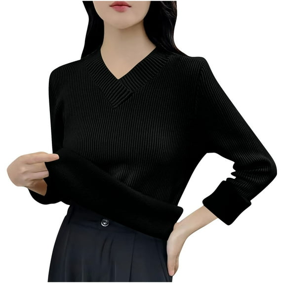 Women's Fleece Lined Pullover Tops Rib Long Sleeve V Neck Shirts Comfy Warm Jumper Base Sweaters