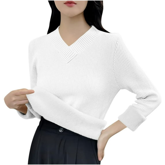 Women's Fleece Lined Pullover Tops Rib Long Sleeve V Neck Shirts Comfy Warm Jumper Base Sweaters