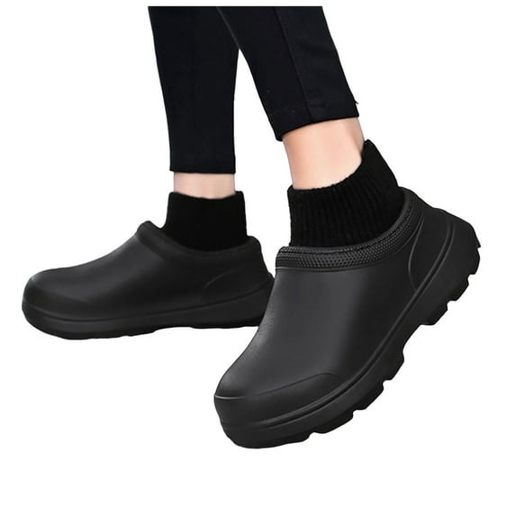 Women's Fleece Lined Rain Boots Lightweight Non Slip Work Shoes Wide Toe Box Winter Warm Waterproof Rain Shoes Black Size 8.5