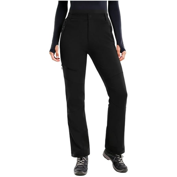 Women's Fleece Lined Ski Pants Color Block Hiking Snow Pants for Skiing with Pockets Black 3XL