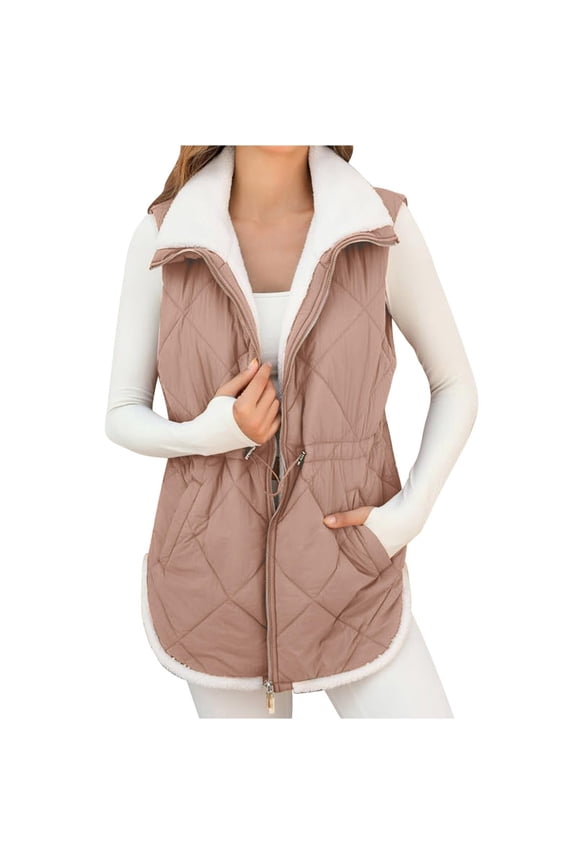 Women's Fleece Lined Sleeveless Vest, Full Zip Waistcoat, Winter Thermal Padded Gilet, Casual Quilted Vest, Adjustable Drawstring Waist, Side Pockets, Warm Body Warmer Vest Pink XXL