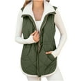 thumbnail image 1 of Women's Fleece Lined Sleeveless Vest, Full Zip Waistcoat, Winter Thermal Padded Gilet, Casual Quilted Vest, Adjustable Drawstring Waist, Side Pockets, Warm Body Warmer Vest Blackish Green L, 1 of 8