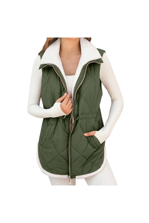 Women's Fleece Lined Sleeveless Vest, Full Zip Waistcoat, Winter Thermal Padded Gilet, Casual Quilted Vest, Adjustable Drawstring Waist, Side Pockets, Warm Body Warmer Vest Blackish Green S