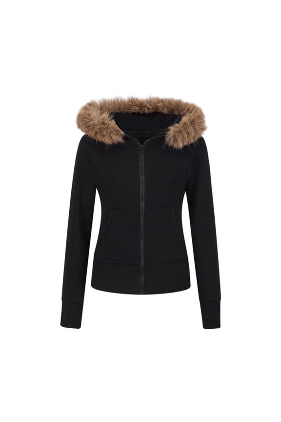 Women’s Fleece-Lined Slim Fit Hoodie Jacket with Removable Faux Fur Collar, Cinched Waist Zip Up Warm Winter Coat, Soft Cozy Fashion Outerwear for Fall & Winter