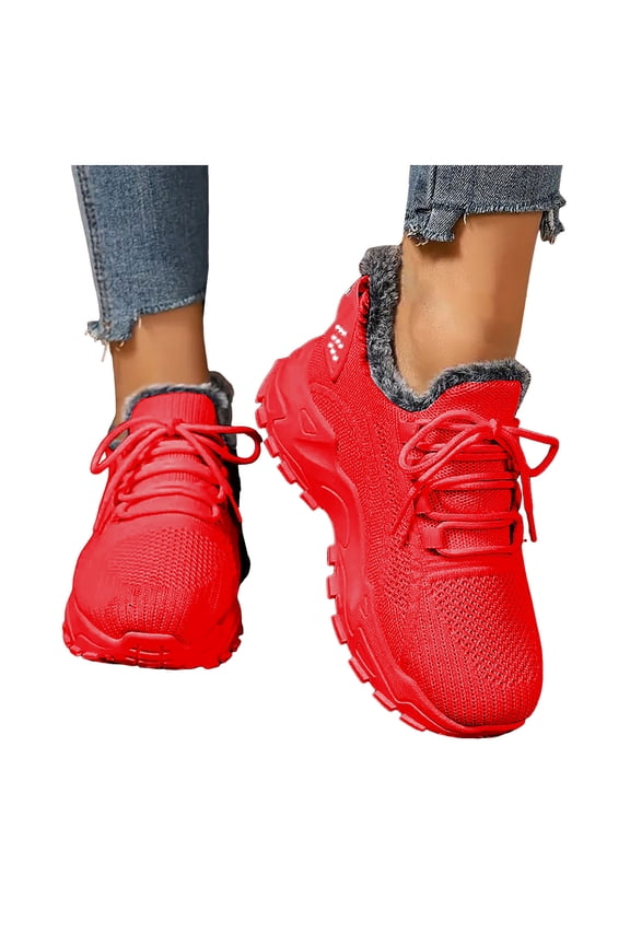 Women's Fleece Lined Slip On Sneakers Lace Up Breathable Winter Shoes Lightweight Casual Non Slip Running Shoes Red Size 8.5