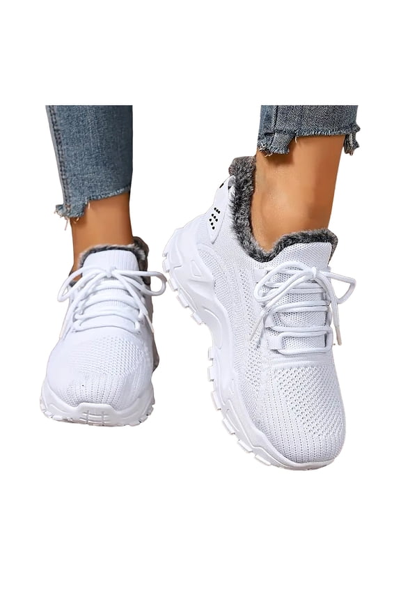 Women's Fleece Lined Slip On Sneakers Lace Up Breathable Winter Shoes Lightweight Casual Non Slip Running Shoes White Size 9.5