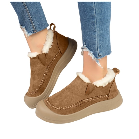 Women's Fleece Lined Slip On Snow Boots Plush Non Slip Platform Winter Booties Suede Short Chelsea Boots Brown Size 9