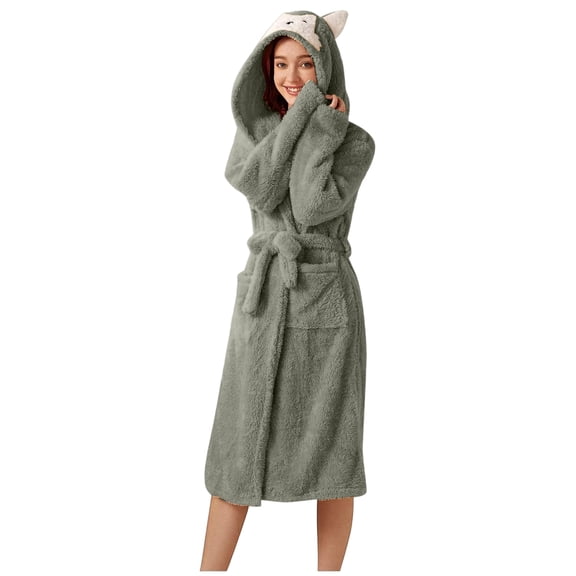 Women's Fleece-Lined Solid Color Robe With Pocket & Ear Cap - Green Size S
