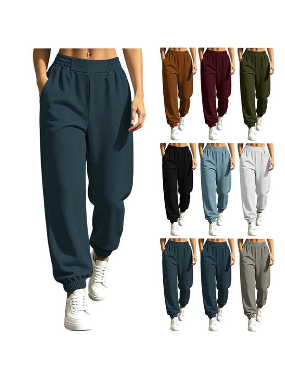 Women's Fleece Lined Solid Cuffed Ankle Sweatpants, High Elastic Drawstring Waist Side Pockets, Soft Warm All Season Casual Sport Jogger | TruHer,Black XL