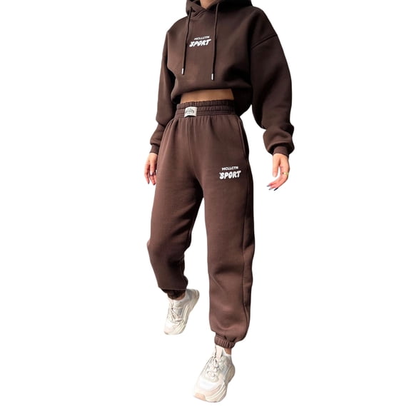 Women's Fleece Lined Sportswear Outfits, Letter Print Long Sleeve Hoodies + High Waist Jogger Pants Tracksuit
