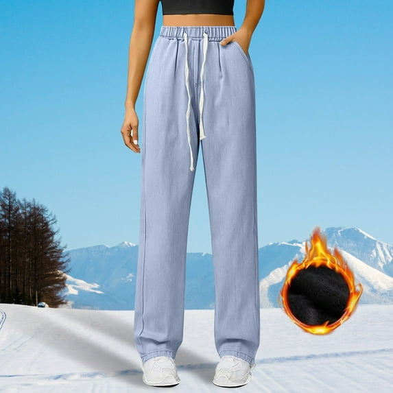 Women's Fleece Lined Straight Leg Jeans, High Waist Thermal Denim Pants, Stretch Comfort Jeans, Warm Winter Jeans, Tummy Control Jeans, Everyday Straight Leg Jeans Light Blue