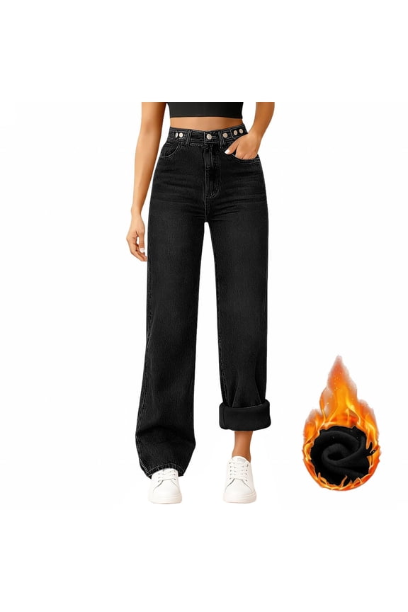 Women's Fleece Lined Straight Leg Jeans, High Waisted Winter Warm Denim Pants, Thick Thermal Trousers with Five Pockets for Women Black M